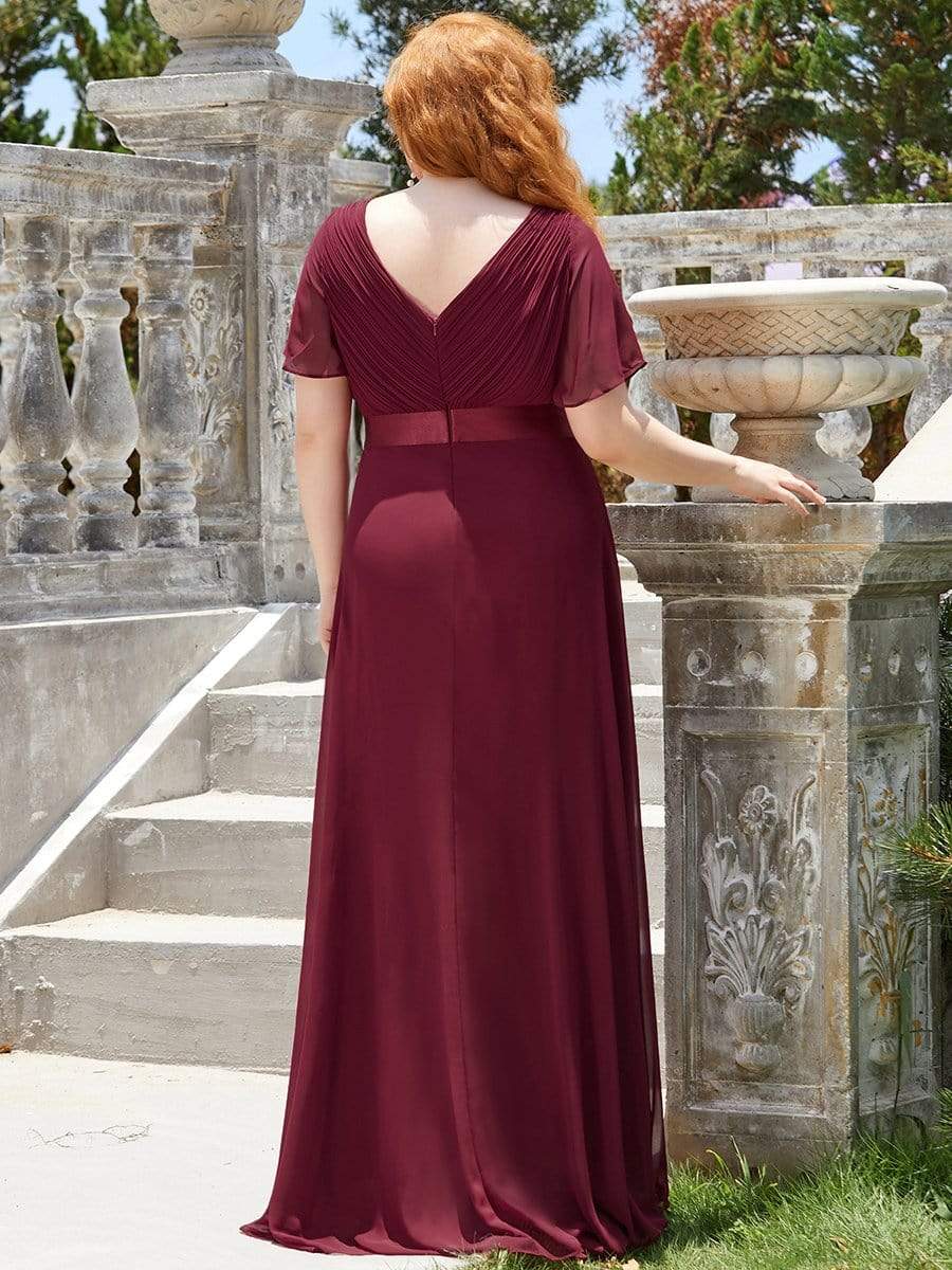 COLOR=Burgundy | Plus Size Long Empire Waist Evening Dress With Short Flutter Sleeves-Burgundy 2