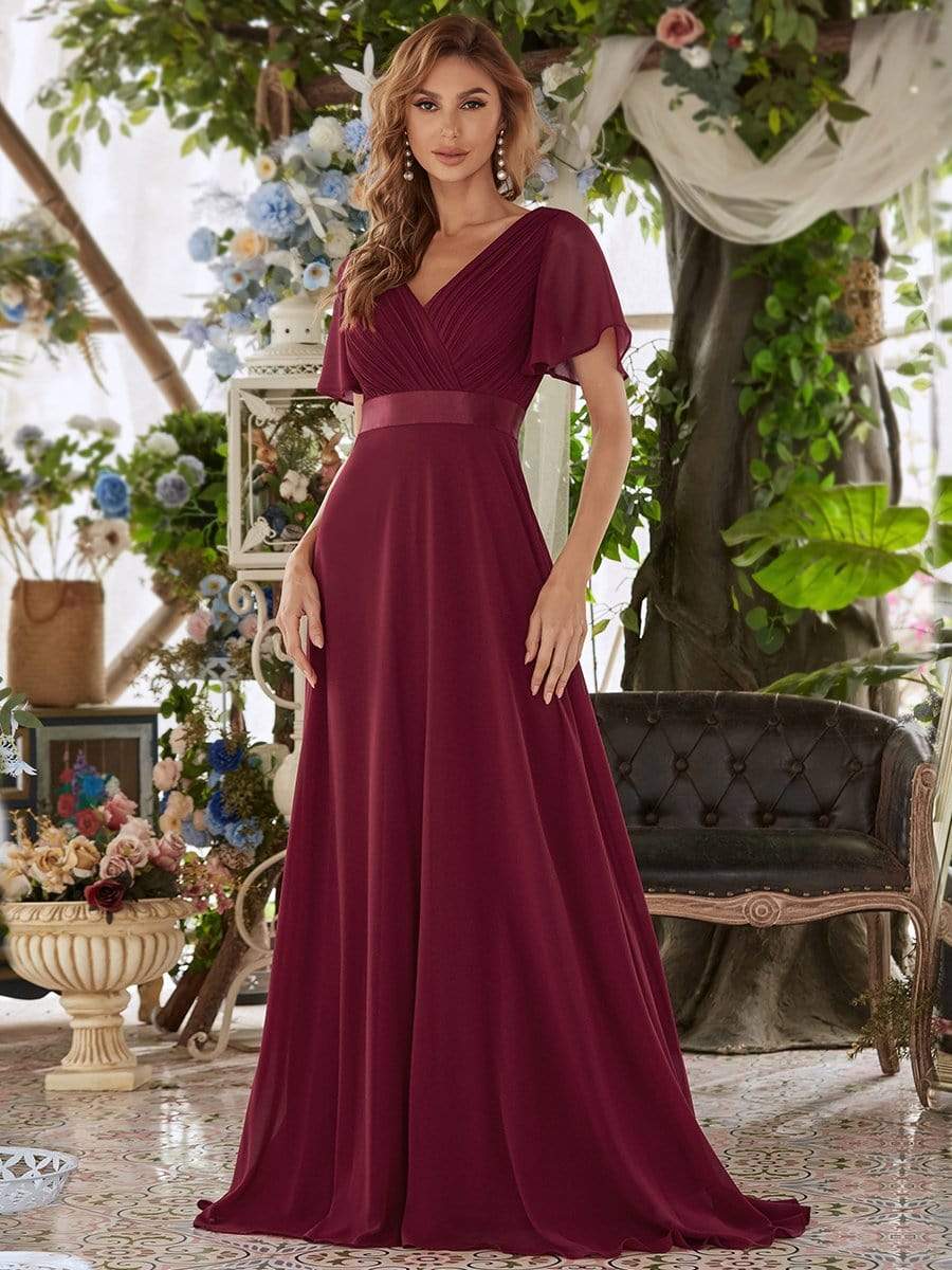 COLOR=Burgundy | Long Empire Waist Evening Dress With Short Flutter Sleeves-Burgundy 1