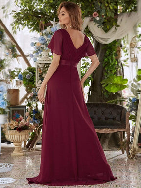 COLOR=Burgundy | Long Empire Waist Evening Dress With Short Flutter Sleeves-Burgundy 2