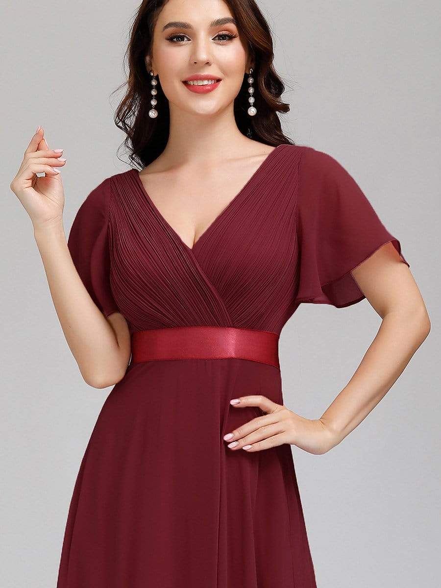 COLOR=Burgundy | Long Empire Waist Evening Dress With Short Flutter Sleeves-Burgundy 5