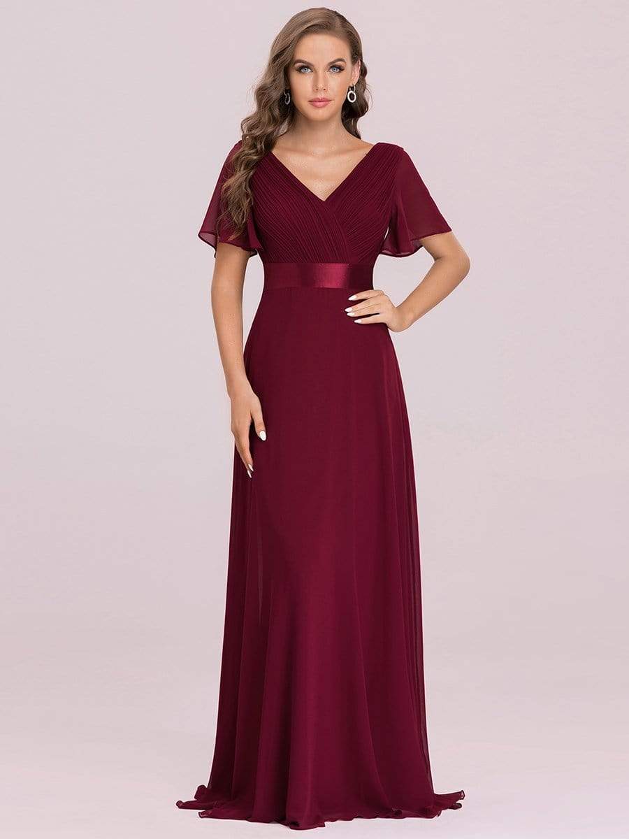 COLOR=Burgundy | Long Empire Waist Evening Dress With Short Flutter Sleeves-Burgundy 3