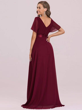 COLOR=Burgundy | Long Empire Waist Evening Dress With Short Flutter Sleeves-Burgundy 4