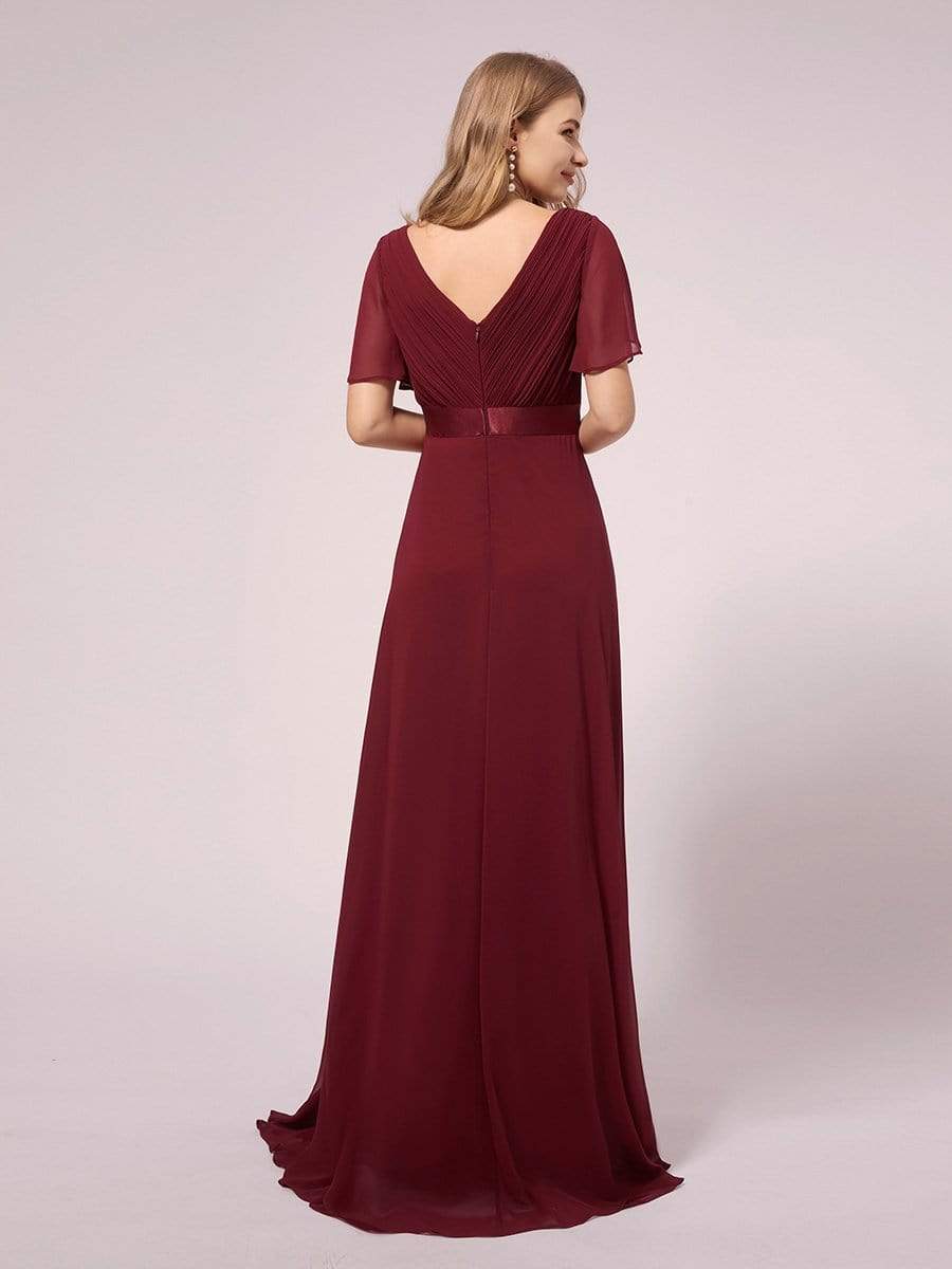 Color=Burgundy | Simple Chiffon Maternity Dress with Flutter Sleeves-Burgundy 2