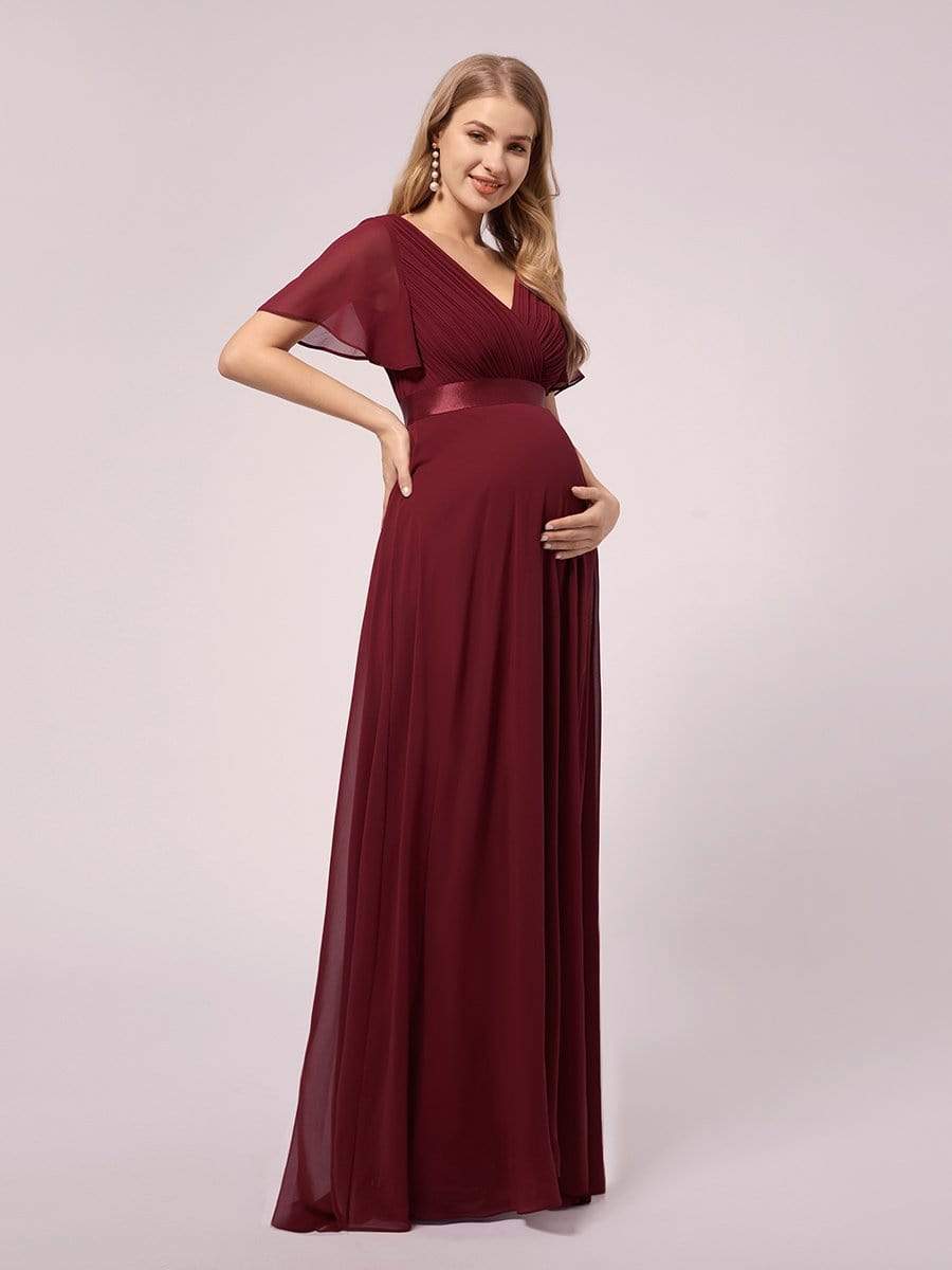Color=Burgundy | Simple Chiffon Maternity Dress with Flutter Sleeves-Burgundy 3