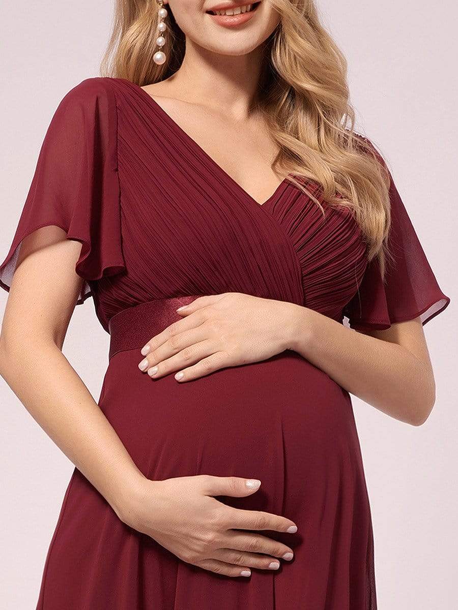 Color=Burgundy | Simple Chiffon Maternity Dress with Flutter Sleeves-Burgundy 4