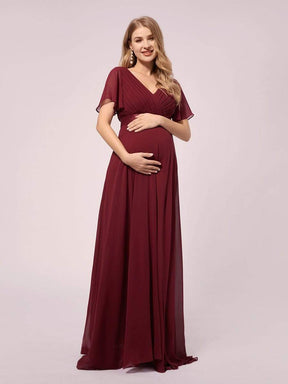 Color=Burgundy | Simple Chiffon Maternity Dress with Flutter Sleeves-Burgundy 1