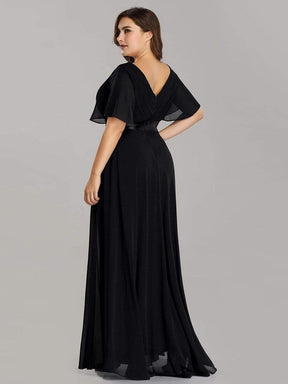 COLOR=Black | Long Empire Waist Evening Dress With Short Flutter Sleeves-Black 8