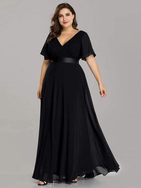 COLOR=Black | Long Empire Waist Evening Dress With Short Flutter Sleeves-Black 6