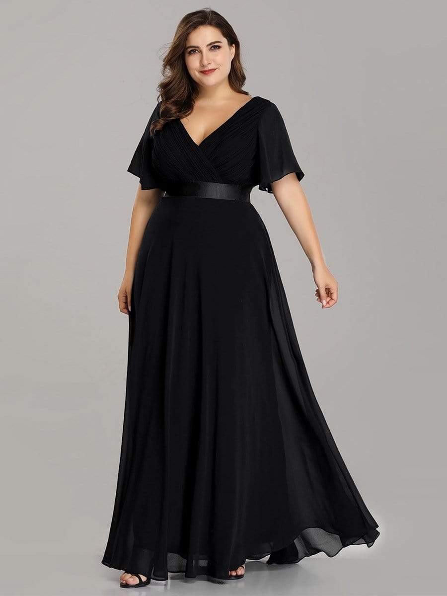 COLOR=Black | Plus Size Long Empire Waist Evening Dress With Short Flutter Sleeves-Black 4