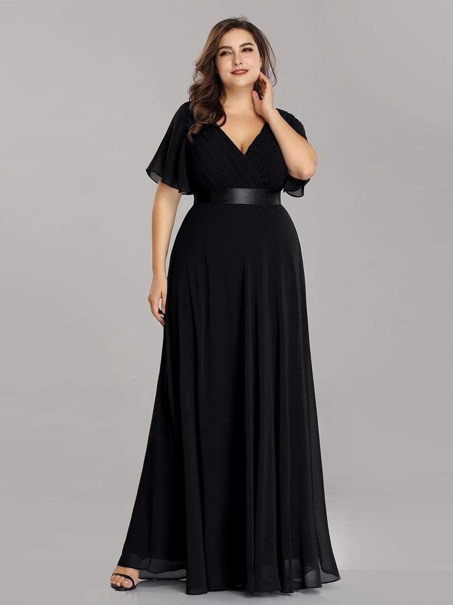 COLOR=Black | Plus Size Long Empire Waist Evening Dress With Short Flutter Sleeves-Black 3