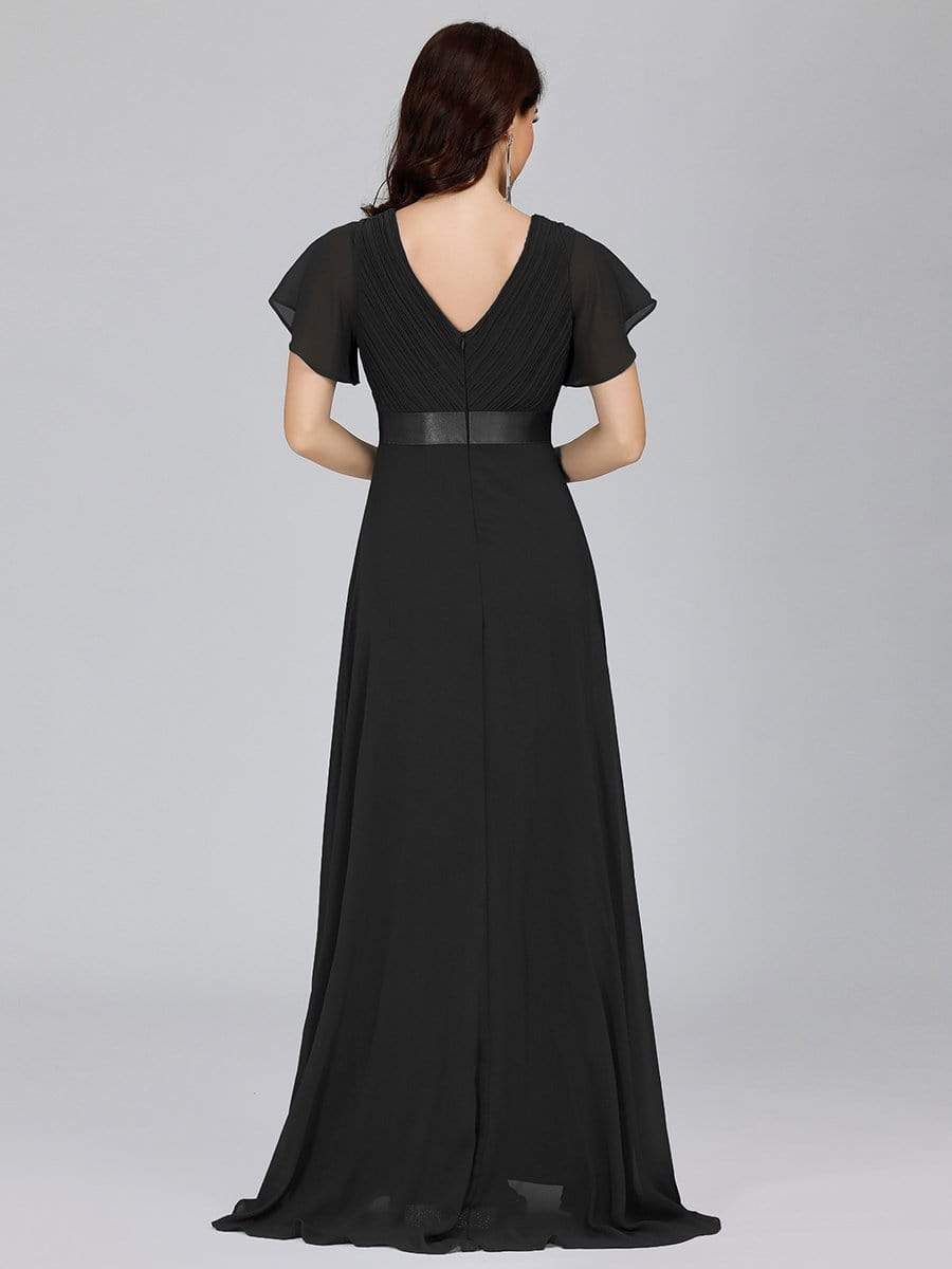 COLOR=Black | Long Empire Waist Evening Dress With Short Flutter Sleeves-Black 2