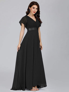COLOR=Black | Long Empire Waist Evening Dress With Short Flutter Sleeves-Black 1