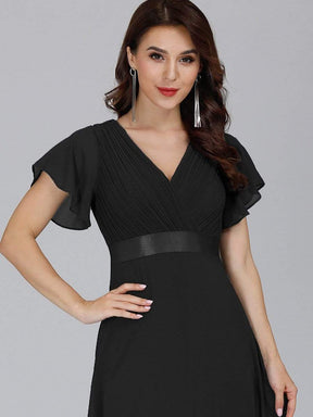 COLOR=Black | Long Empire Waist Evening Dress With Short Flutter Sleeves-Black 5