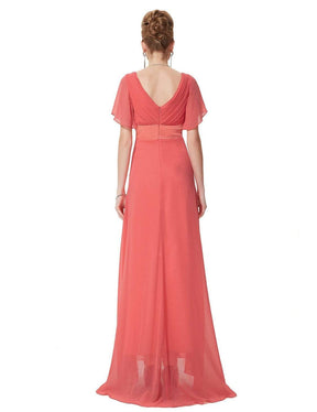 COLOR=Coral | Long Empire Waist Evening Dress With Short Flutter Sleeves-Coral 2