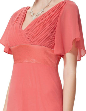 COLOR=Coral | Long Empire Waist Evening Dress With Short Flutter Sleeves-Coral 5