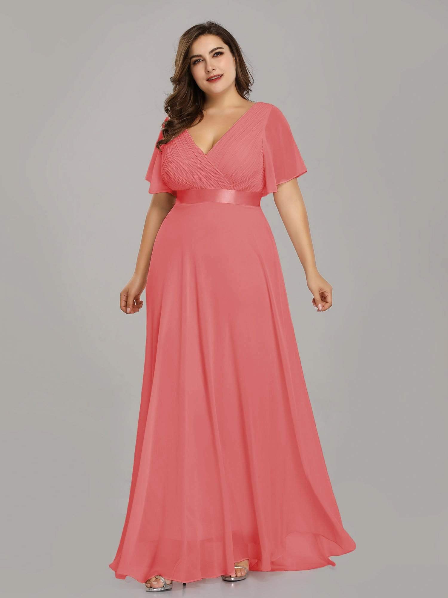 COLOR=Coral | Plus Size Long Empire Waist Evening Dress With Short Flutter Sleeves-Coral 1