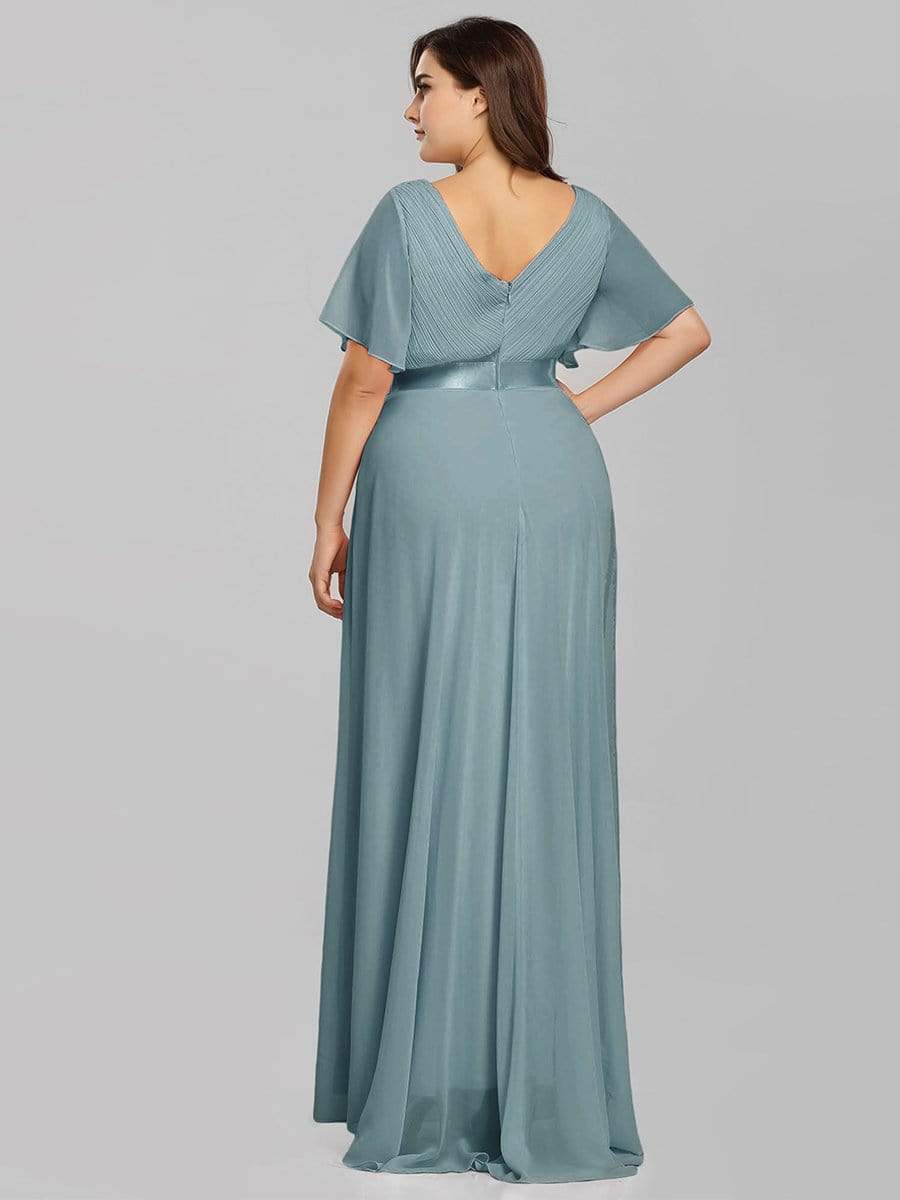 Color=Dusty Blue | Plus Size Long Empire Waist Evening Dress With Short Flutter Sleeves-Dusty Blue 2
