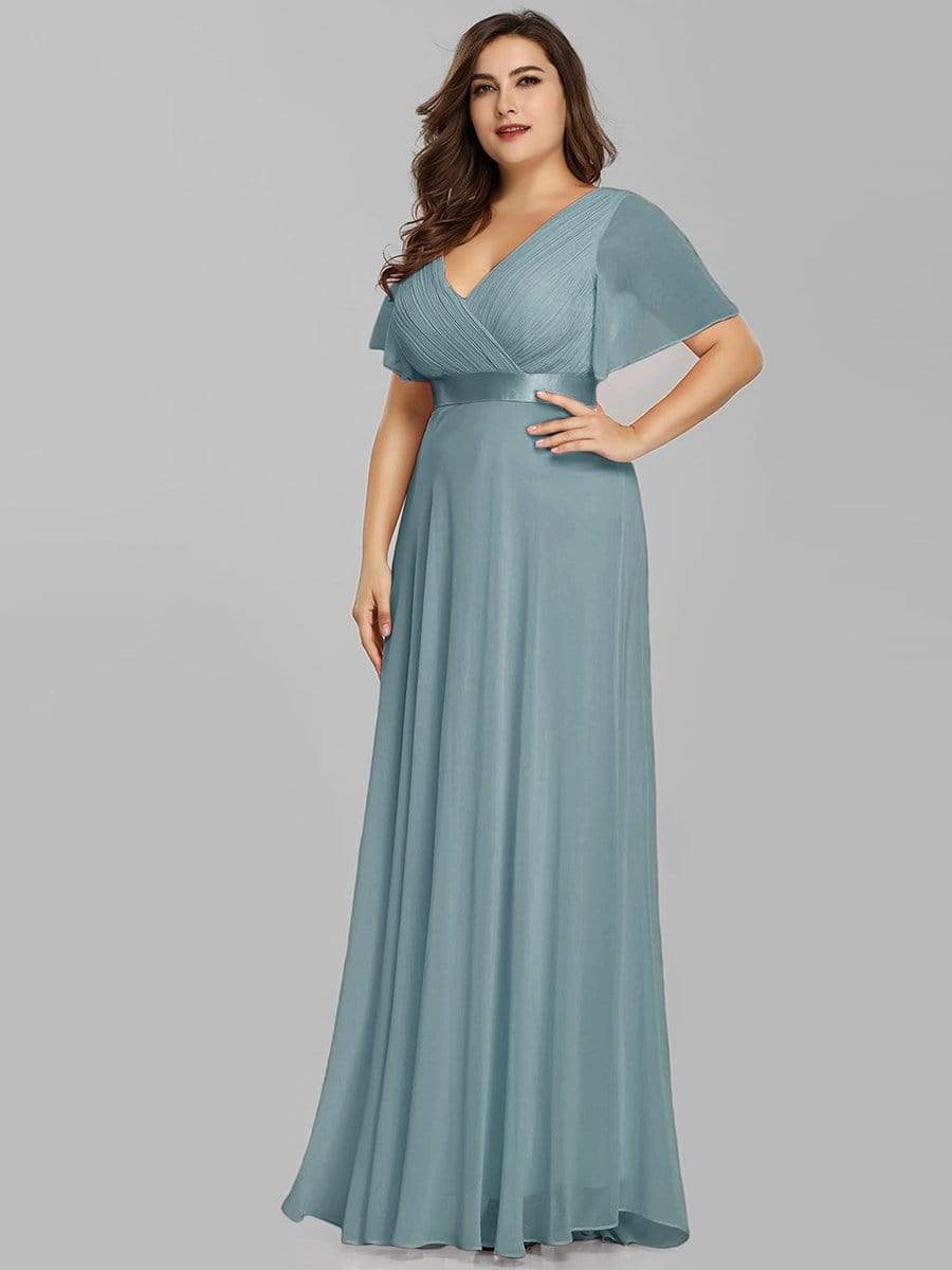 Color=Dusty Blue | Plus Size Long Empire Waist Evening Dress With Short Flutter Sleeves-Dusty Blue 4