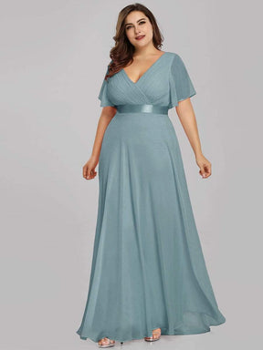 Color=Dusty Blue | Long Empire Waist Evening Dress With Short Flutter Sleeves-Dusty Blue 6