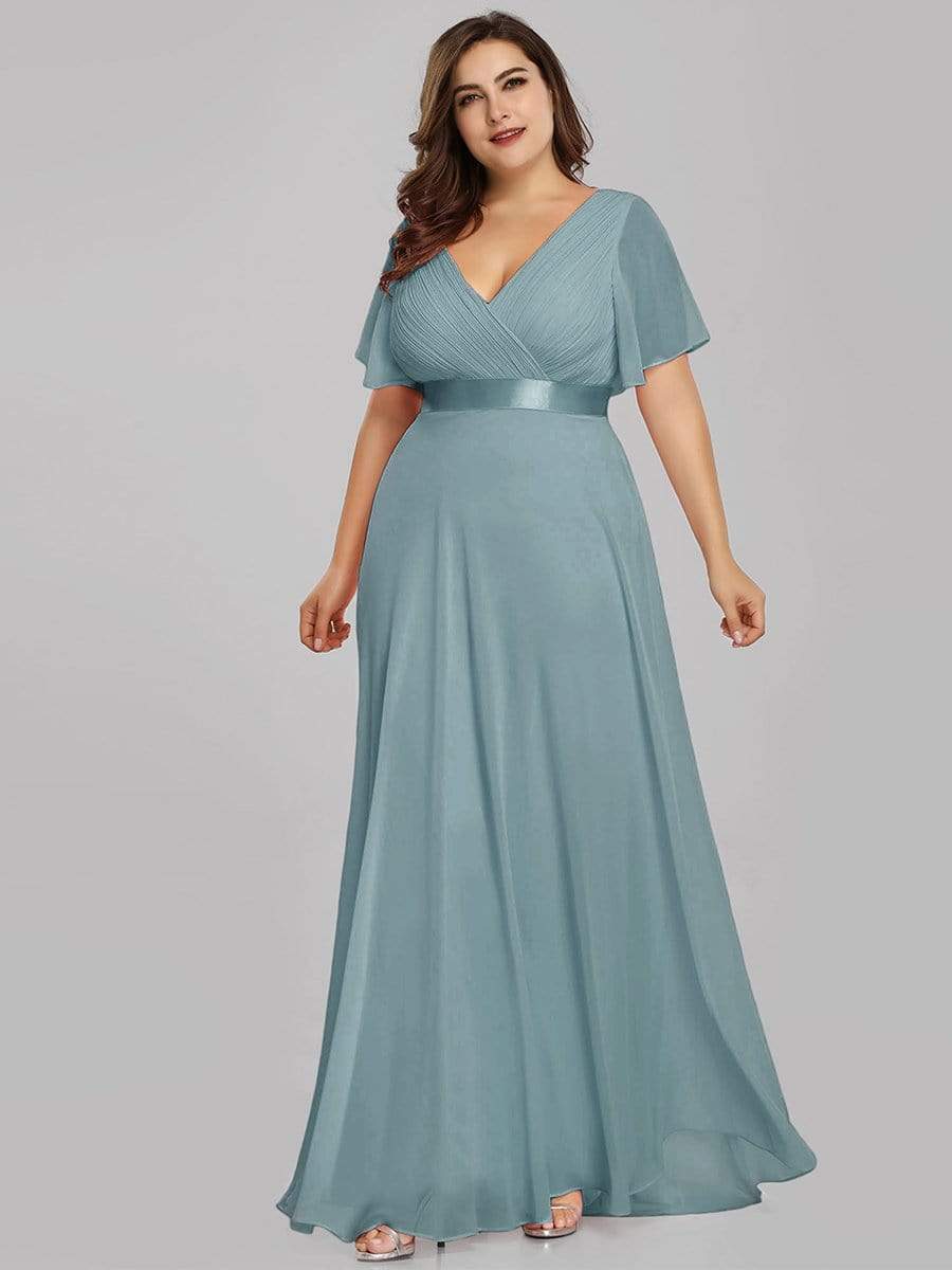 Color=Dusty Blue | Plus Size Long Empire Waist Evening Dress With Short Flutter Sleeves-Dusty Blue 3