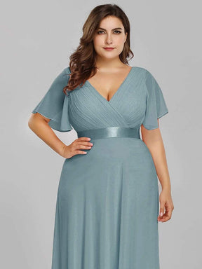 Color=Dusty Blue | Plus Size Long Empire Waist Evening Dress With Short Flutter Sleeves-Dusty Blue 5