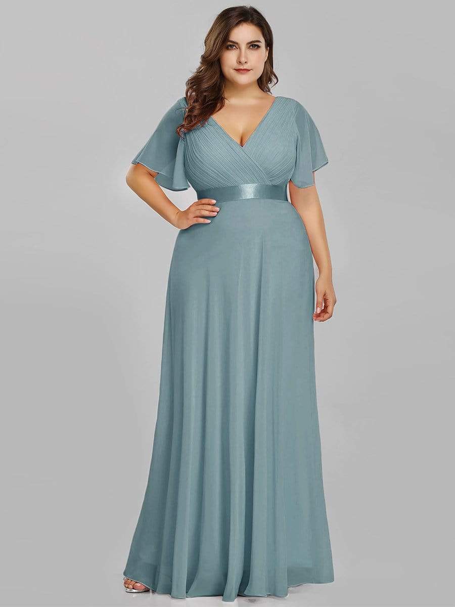 Color=Dusty Blue | Plus Size Long Empire Waist Evening Dress With Short Flutter Sleeves-Dusty Blue 1