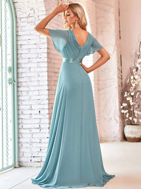 Color=Dusty Blue | Long Empire Waist Evening Dress With Short Flutter Sleeves-Dusty Blue 2