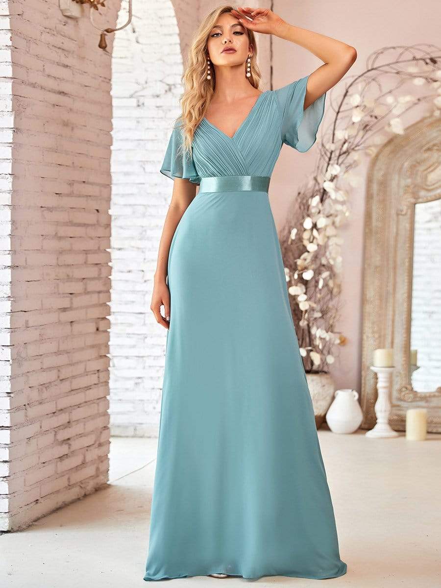 Color=Dusty Blue | Long Empire Waist Evening Dress With Short Flutter Sleeves-Dusty Blue 1