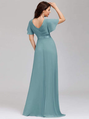 Color=Dusty Blue | Long Empire Waist Evening Dress With Short Flutter Sleeves-Dusty Blue 4