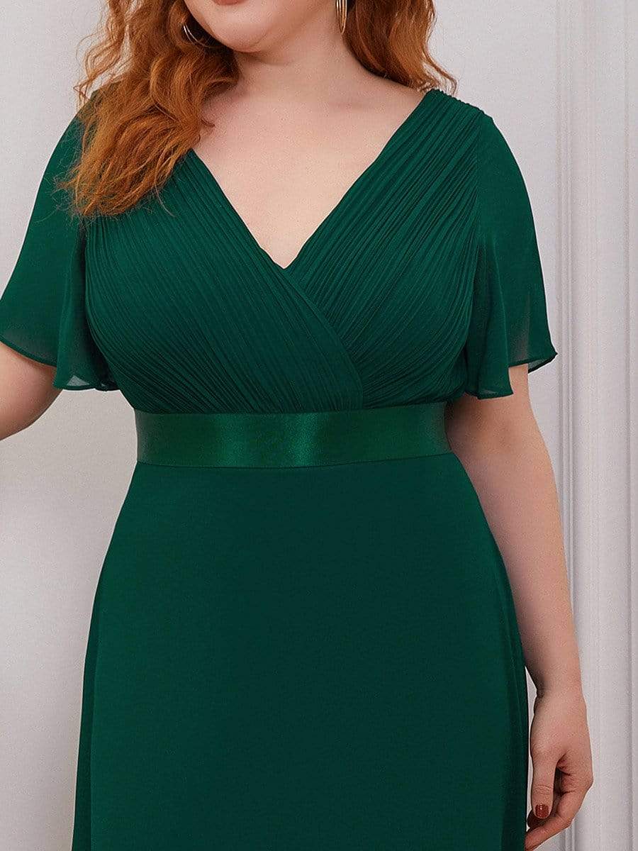 Color=Dark Green | Plus Size Long Empire Waist Evening Dress With Short Flutter Sleeves-Dark Green 5