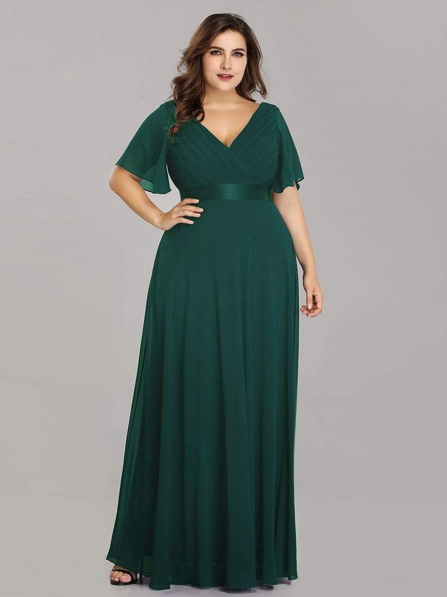 Color=Dark Green | Plus Size Long Empire Waist Evening Dress With Short Flutter Sleeves-Dark Green 4
