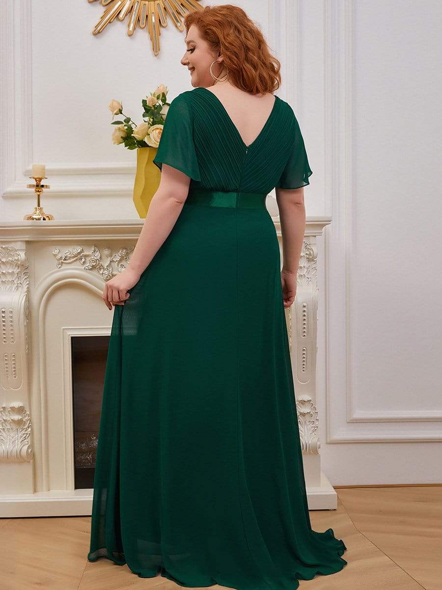 Color=Dark Green | Plus Size Long Empire Waist Evening Dress With Short Flutter Sleeves-Dark Green 2