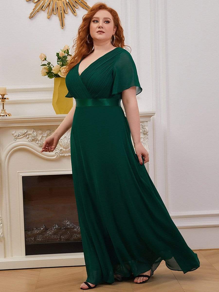 Plus Size Double V Neck Wide Waistband Evening Dress - Ever Pretty AU Plus Size Double V Neck Wide Waistband Evening Dress - Ever Pretty AU