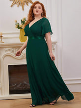 Color=Dark Green | Plus Size Long Empire Waist Evening Dress With Short Flutter Sleeves-Dark Green 1
