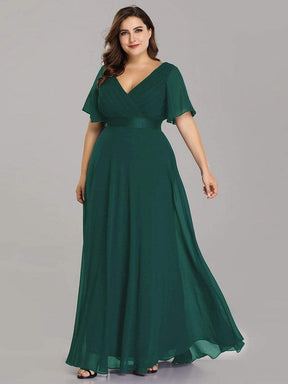 COLOR=Dark Green | Long Empire Waist Evening Dress With Short Flutter Sleeves-Dark Green 15