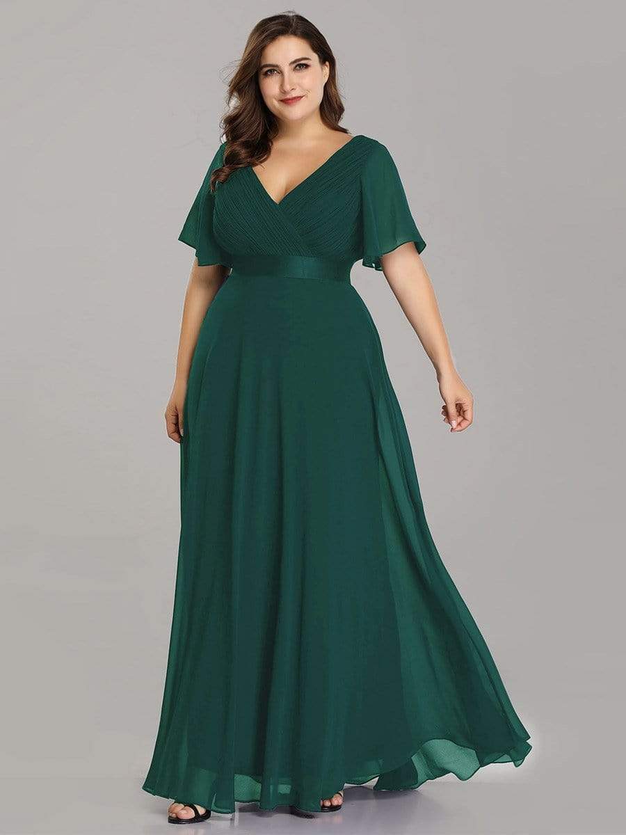 Color=Dark Green | Plus Size Long Empire Waist Evening Dress With Short Flutter Sleeves-Dark Green 3