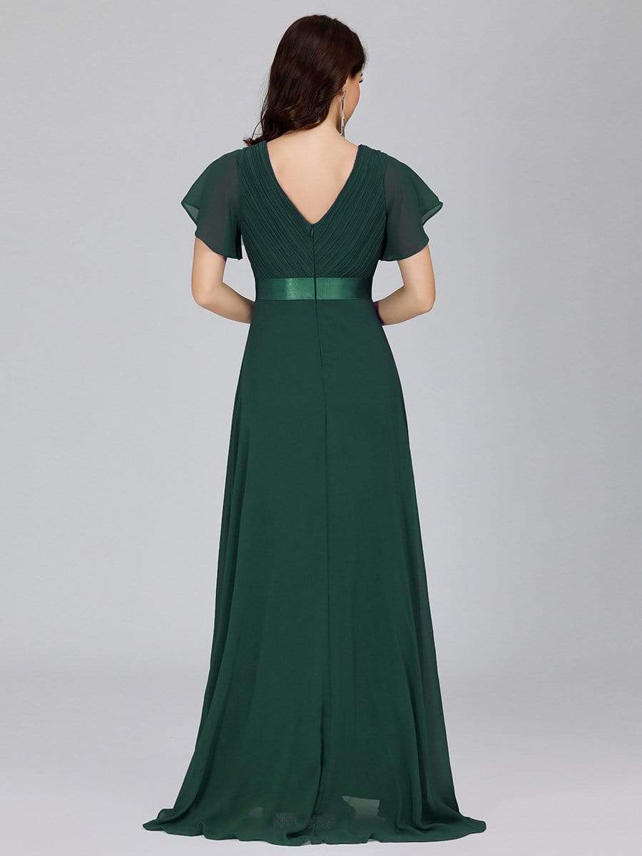 COLOR=Dark Green | Long Empire Waist Evening Dress With Short Flutter Sleeves-Dark Green 2