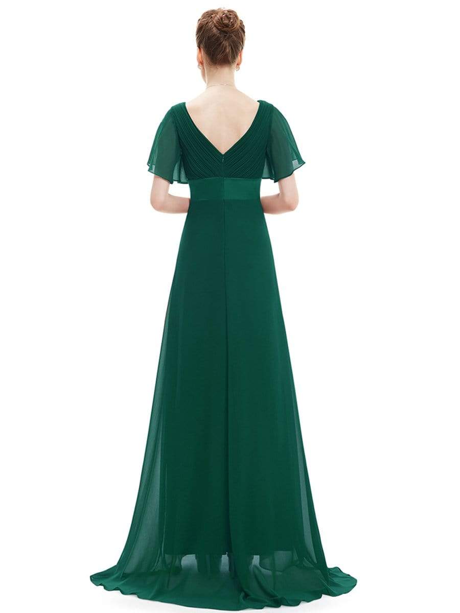 COLOR=Dark Green | Long Empire Waist Evening Dress With Short Flutter Sleeves-Dark Green 11