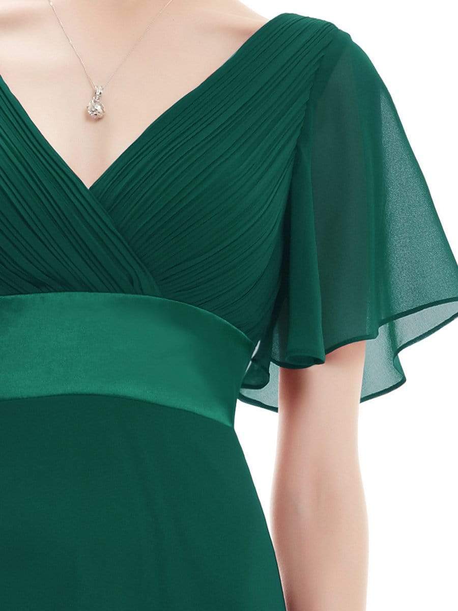 COLOR=Dark Green | Long Empire Waist Evening Dress With Short Flutter Sleeves-Dark Green 14