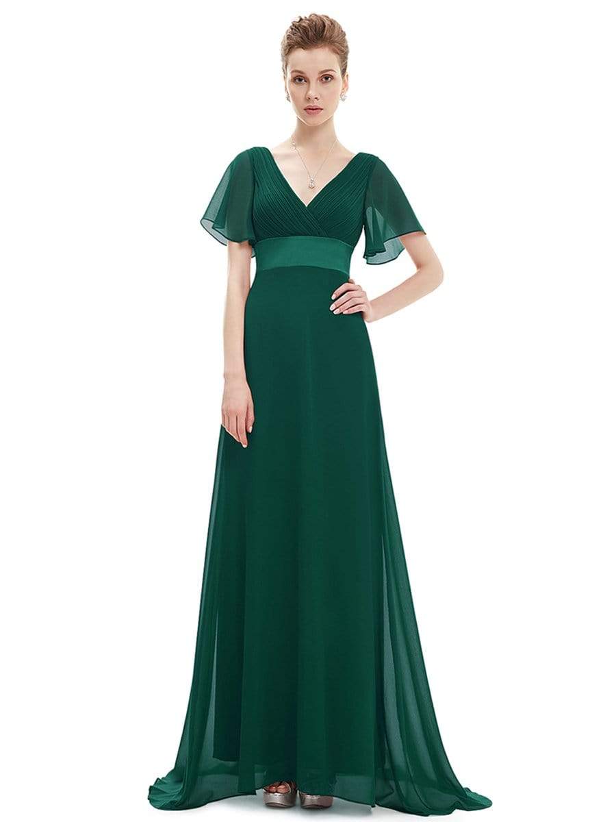 COLOR=Dark Green | Long Empire Waist Evening Dress With Short Flutter Sleeves-Dark Green 10