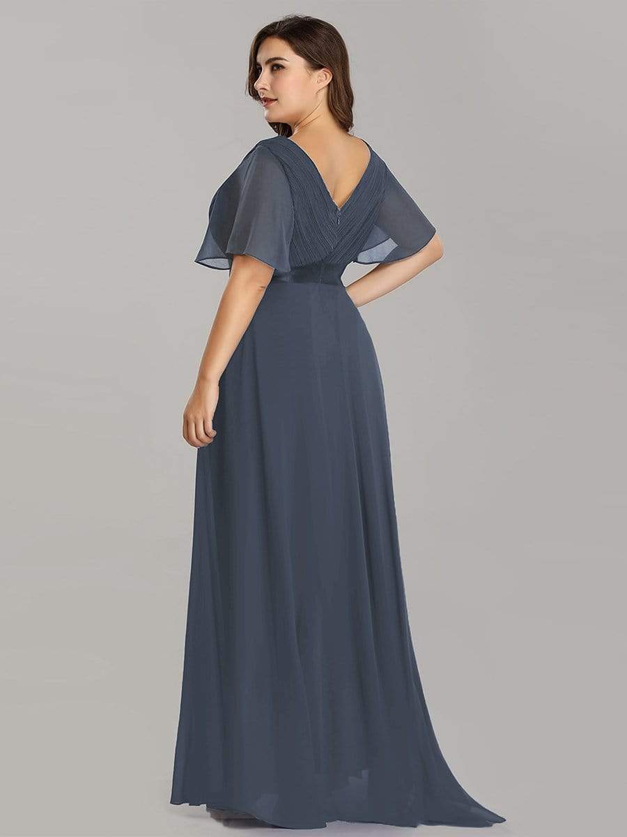 COLOR=Dusty Navy | Plus Size Long Empire Waist Evening Dress With Short Flutter Sleeves-Dusty Navy 2