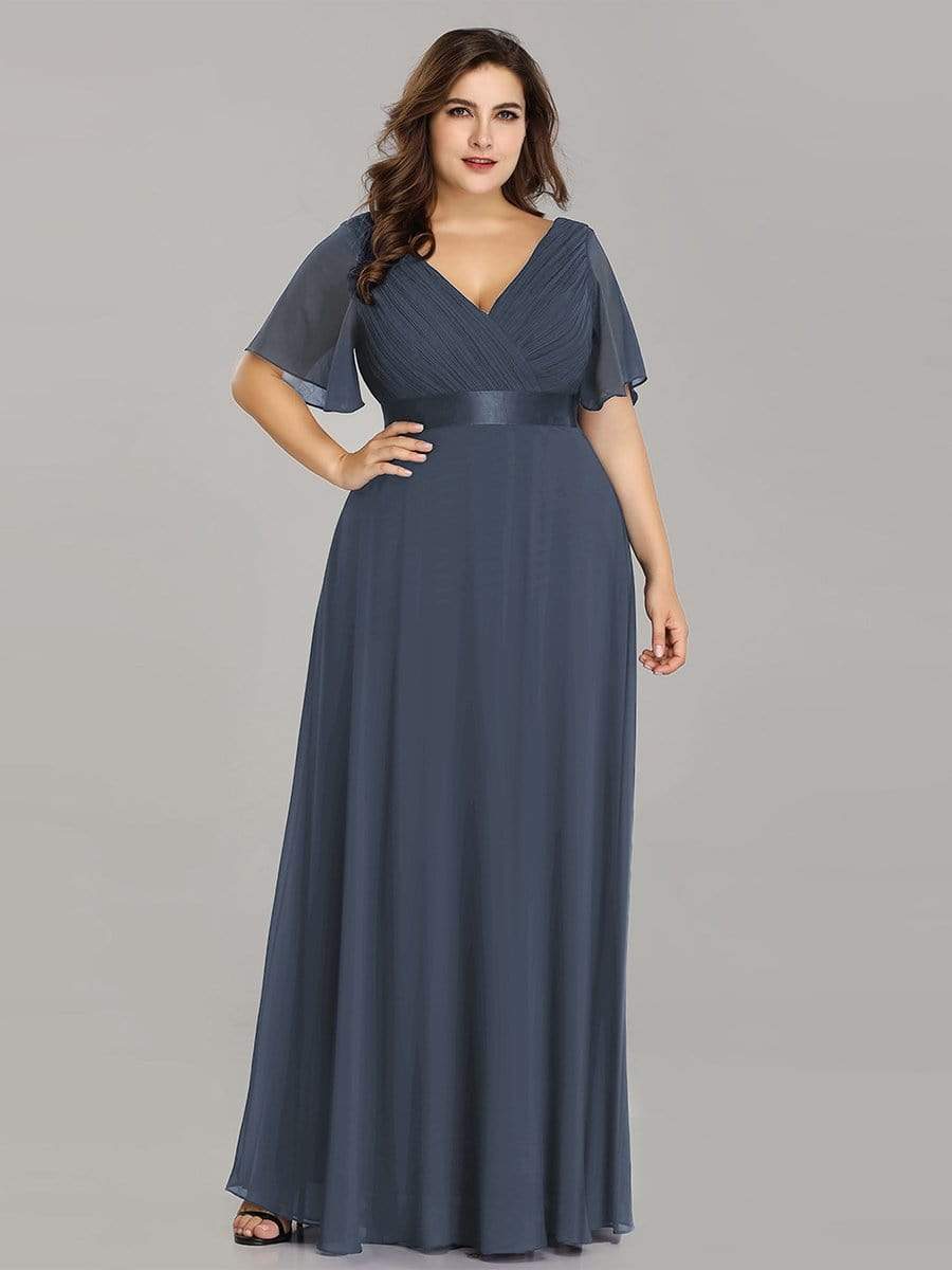 COLOR=Dusty Navy | Plus Size Long Empire Waist Evening Dress With Short Flutter Sleeves-Dusty Navy 3