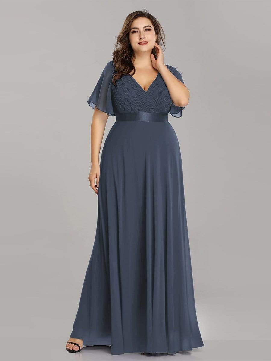 COLOR=Dusty Navy | Plus Size Long Empire Waist Evening Dress With Short Flutter Sleeves-Dusty Navy 4