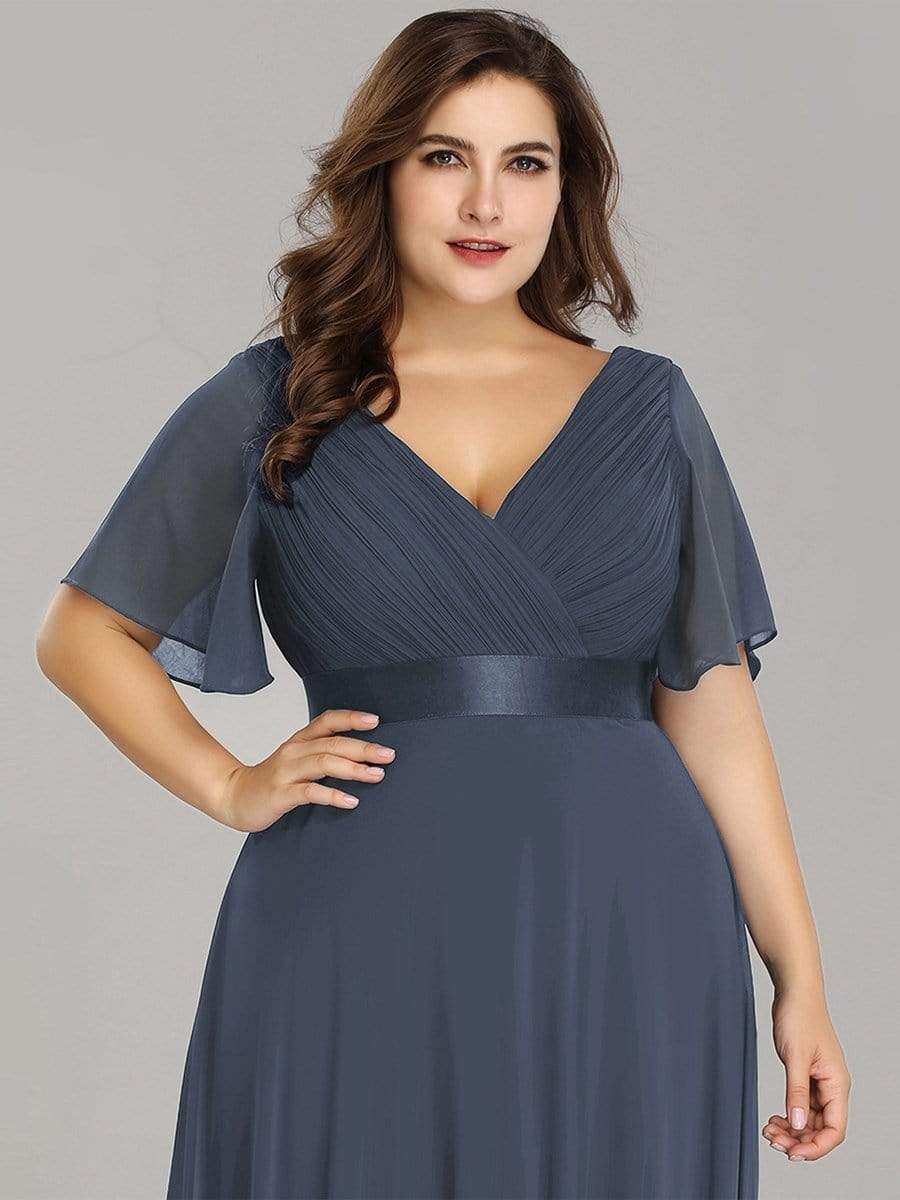 COLOR=Dusty Navy | Plus Size Long Empire Waist Evening Dress With Short Flutter Sleeves-Dusty Navy 5