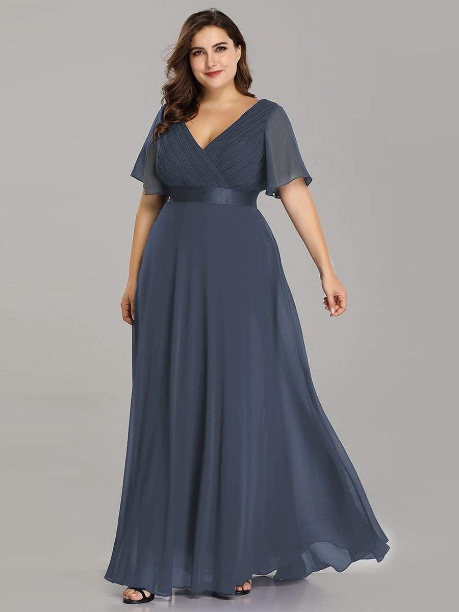 COLOR=Dusty Navy | Long Empire Waist Evening Dress With Short Flutter Sleeves-Dusty Navy 11