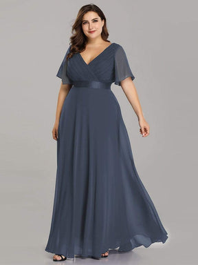 COLOR=Dusty Navy | Plus Size Long Empire Waist Evening Dress With Short Flutter Sleeves-Dusty Navy 1