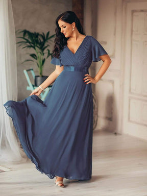COLOR=Dusty Navy | Long Empire Waist Evening Dress With Short Flutter Sleeves-Dusty Navy 2