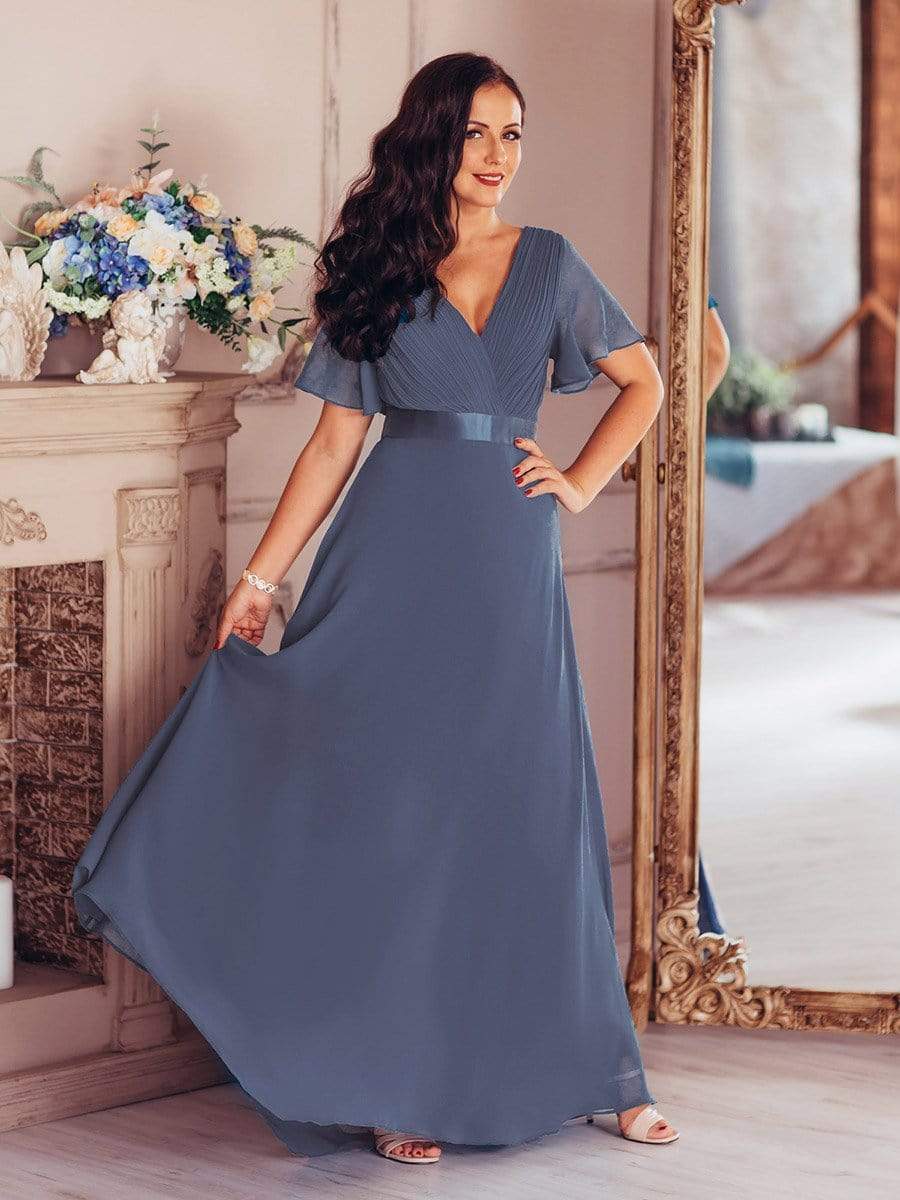 COLOR=Dusty Navy | Long Empire Waist Evening Dress With Short Flutter Sleeves-Dusty Navy 1