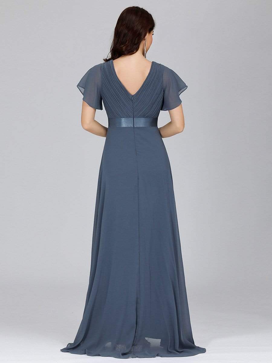 COLOR=Dusty Navy | Long Empire Waist Evening Dress With Short Flutter Sleeves-Dusty Navy 9