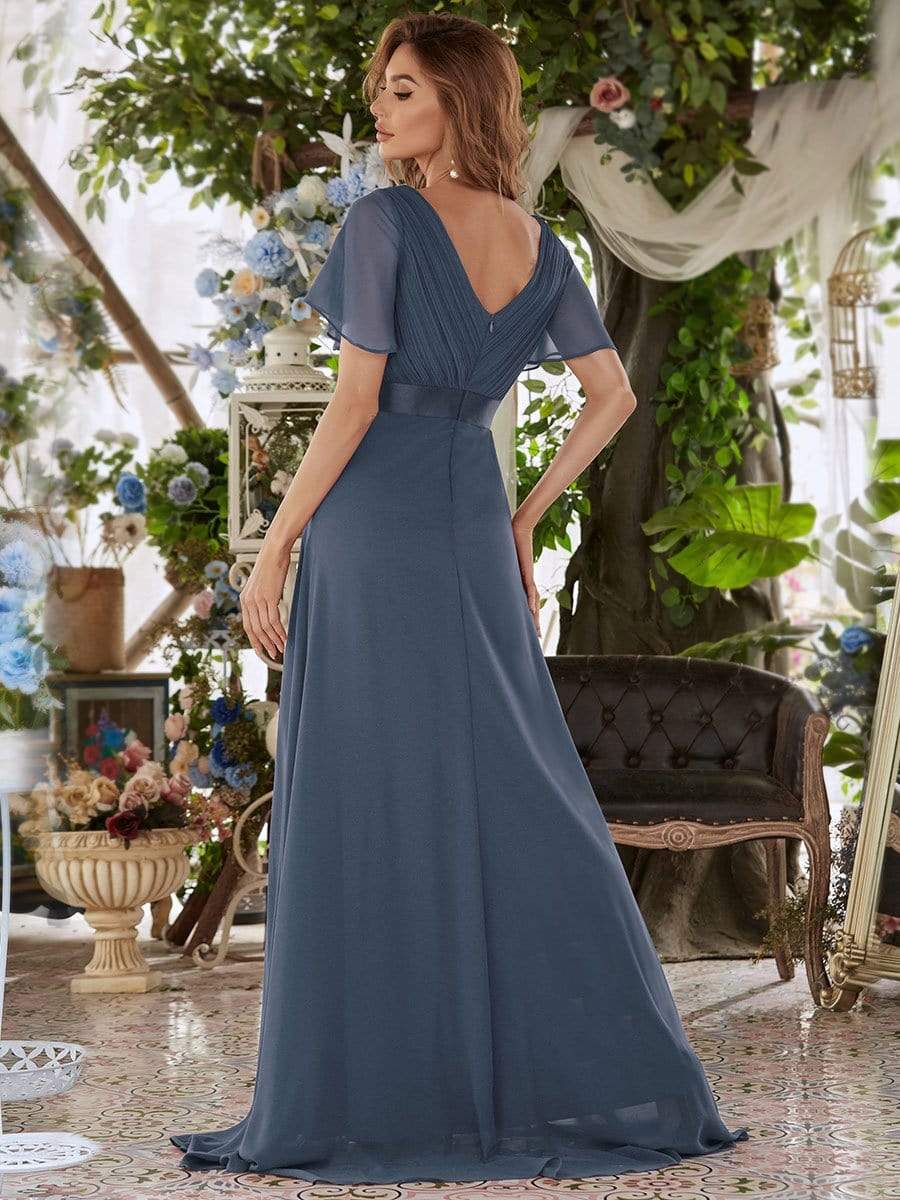 COLOR=Dusty Navy | Long Empire Waist Evening Dress With Short Flutter Sleeves-Dusty Navy 4